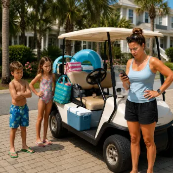 Family with golf cart on beach