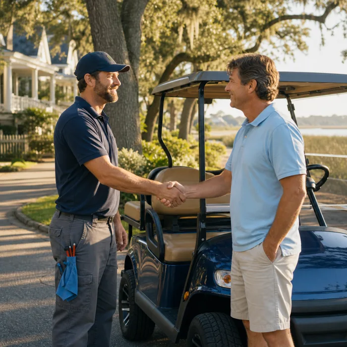 Local golf cart technician helping a neighbor in Oyster Point, Mount Pleasant