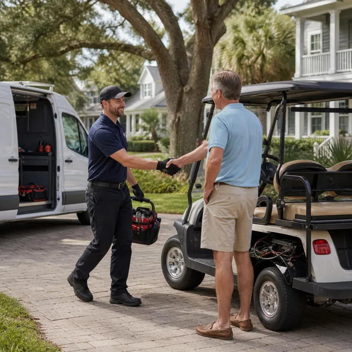 Mobile golf cart technician arriving to help a customer in Park West, Mount Pleasant